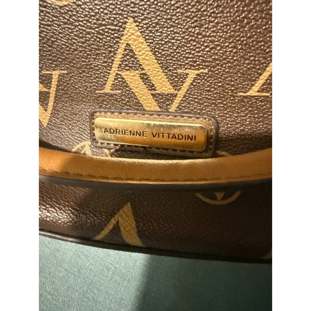 Adrienne Vittadini Brown Logo Satchel Handbag Gold Hardware Zip Top - Picture 2 of 5